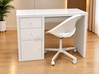 Modern White Study Desk with Storage and Swivel Chair Set