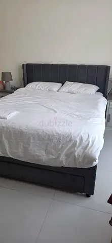 Grey upholstered double bed frame with padded headboard +160×200 metress good condition