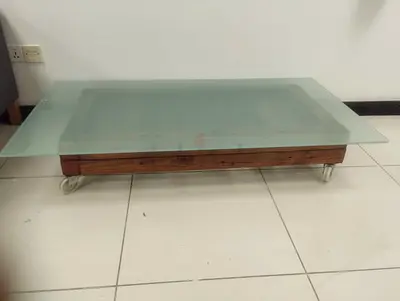 Custom Built Coffee Table, Frosted Glass Top on Reclaimed Wood Base, 145cm, JLT