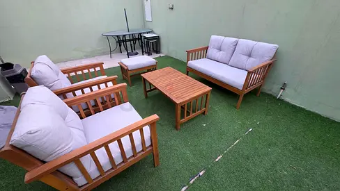 7-piece wooden outdoor sofa set with cushions - good condition