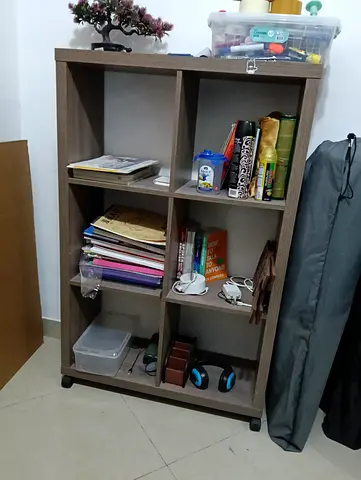Small 6-Cubby Wooden Bookshelf on Wheels — Good Used Condition