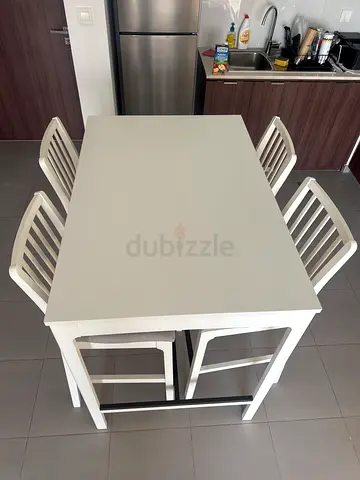 White Wooden Dining Table with 4 Chairs - Compact Kitchen Set