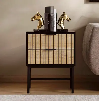 Modern Two-Drawer Wooden Nightstand with Slatted Front