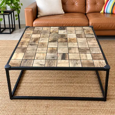 Solid Wood & Black Metal Square Coffee Table