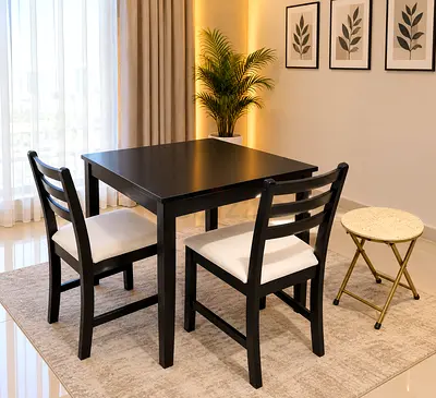 Modern Black Square Dining Table with Two Chairs