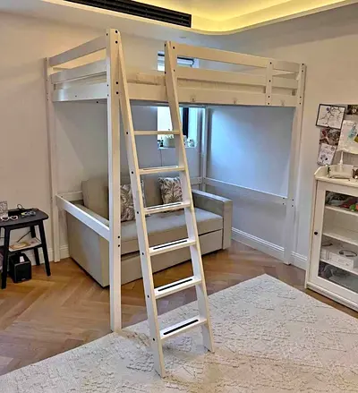 White wooden loft bed with ladder — good condition