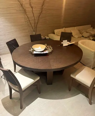 Solid Wood Round Dining Table with 6 Chairs - Dark Brown