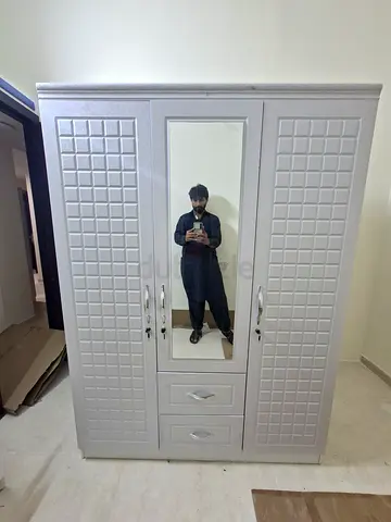 White Three Door Wardrobe with Mirror and Drawers