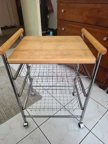 3 tier kitchen trolley with wooden top and wire baskets on wheels