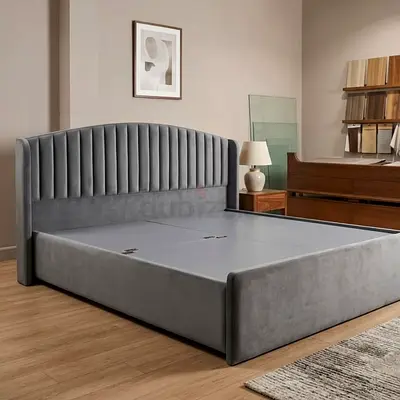 Gray Velvet King Bed Frame with Padded Headboard