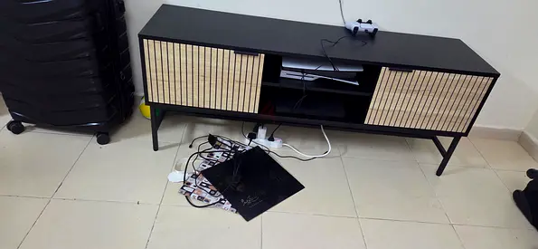Low TV Entertainment Unit with Sliding Bamboo Panels - Dark Wood