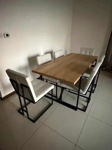 Solid Wood Top Dining Table with 6 Upholstered Chairs (Industrial Style)