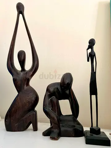 Set of 3 Hand-Carved Wooden African Figurine Sculptures