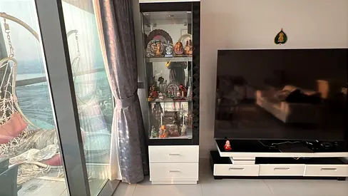 White display cabinet with glass doors and drawers - good condition