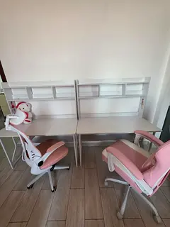 Pair of White Study Desks with Hutches and Pink Office Chairs