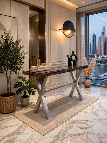 Modern Console Table with Marble Top and X-Leg Base