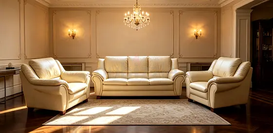 Cream leather 3-piece sofa set (3-seater + 2 armchairs) in good condition