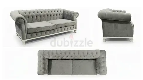 Grey Tufted Sofa with white legs