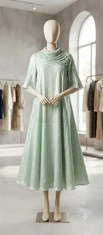 Mint green pleated midi dress with embellished neckline - Like new