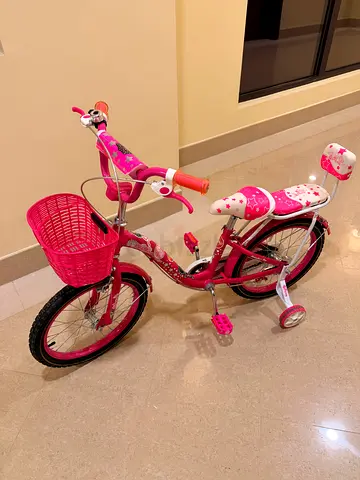 Kids pink 16-inch bicycle with training wheels and basket