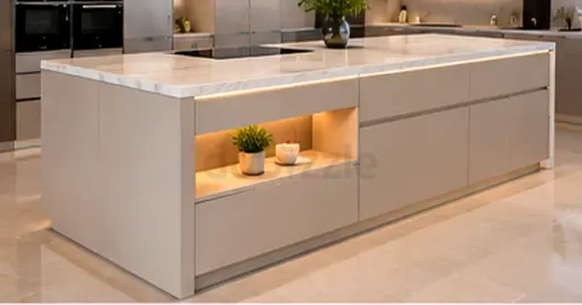 Modern Kitchen Island with Marble Top and Built-in Lighting