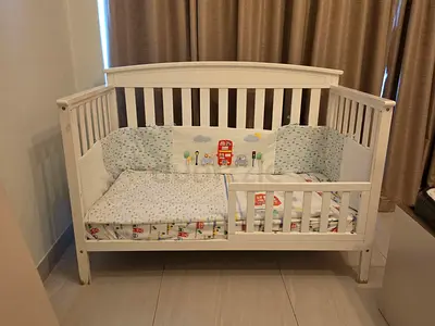 Babyshop Wooden Baby Crib with Mothercare Bumper Bedding Set and Mattress