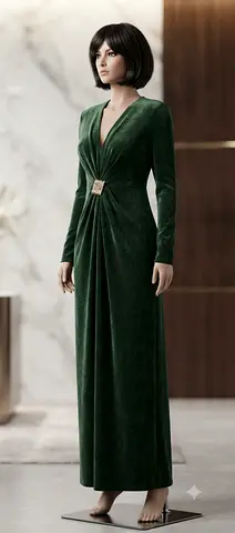 Long Emerald Green Velvet Evening Dress with V-Neck and Waist Brooch