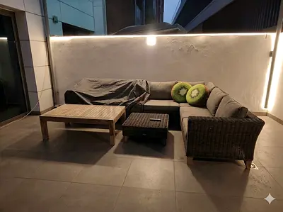 Outdoor rattan L-shaped sofa set & side table + Dining Table (6 seater) + Wooden Coffee Table