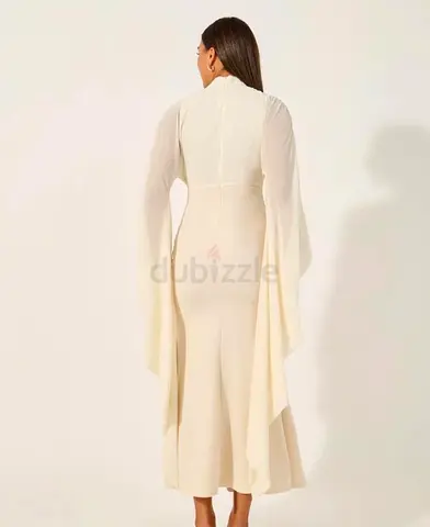 Elegant Ivory Mockneck Maxi Dress with Draped Sleeves