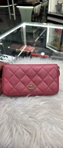Pink Quilted Zip-Around Wallet with Gold Logo