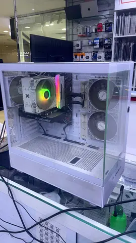 Custom White Open-Frame Gaming PC | RTX GPU | RGB Cooling.  ASUS 24" Monitor showing Intel Core i5-1