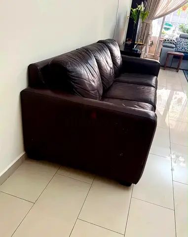Dark brown leather 5-seater sofa (3+2) — used, solid comfort