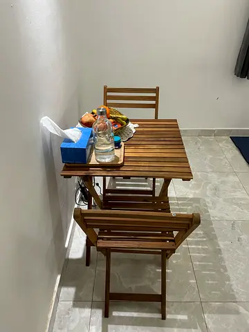 Wooden folding balcony table with two matching chairs