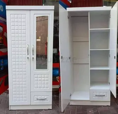 White 2-Door Wardrobe with Mirror & Shelves - Good Condition