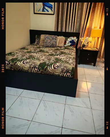 Ikea Queen size wooden bed frame with mattress and bedside table