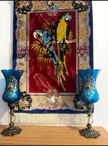 Pair of Persian Blue Glass Candle Holders and Persian Wall Rug