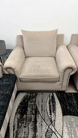 Two Beige Upholstered Armchairs with Nailhead Trim - very Good Condition