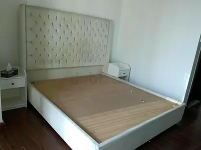 Queen upholstered bed frame with tufted headboard - light beige size width 190cm. height 200cm.