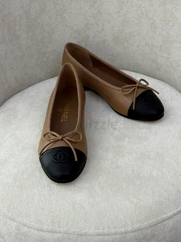 Chanel Two-Tone Cap Toe Leather Ballet Flats - Beige & Black, Size Unknown