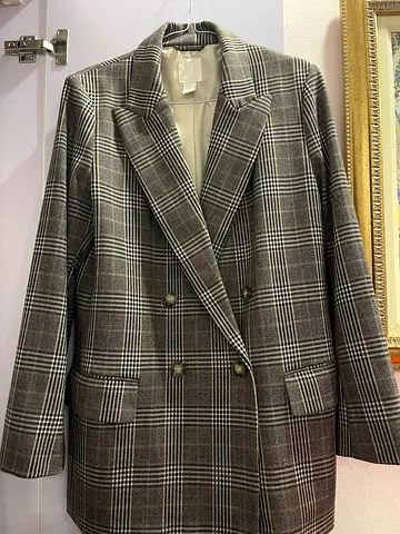 H&M Grey Plaid Double-Breasted Blazer - Size M