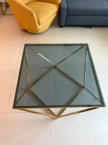 Glass Top Gold Metal Coffee Table - Modern Geometric Design