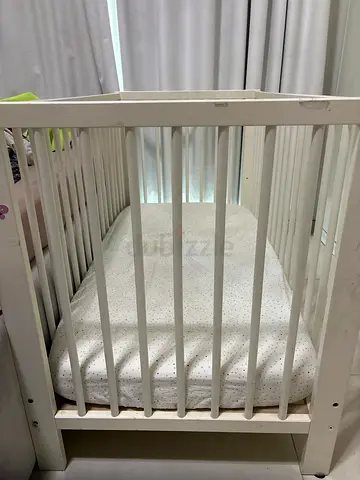 Ikea - White Wooden Baby Crib with Mattress