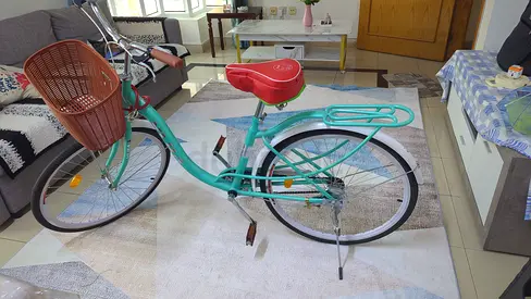 Turquoise Bicycle with Front Basket and Rear Rack