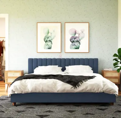 Midnight Blue Velvet Upholstered Platform Bed