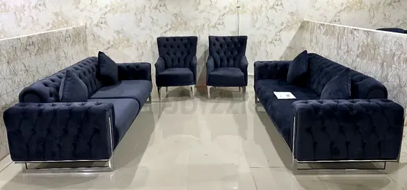 Modern Navy Blue Velvet Chesterfield Sofa Set - 2 Sofas + 2 Armchairs