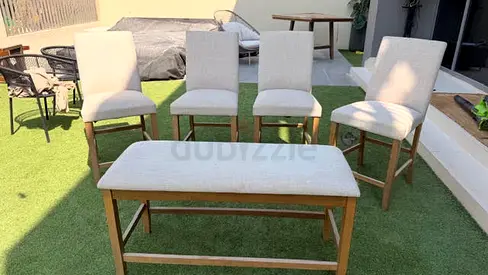 Set of 4 Fabric Dining Chairs + Bench - Light Wood Frame, Good Condition (Made in USA)