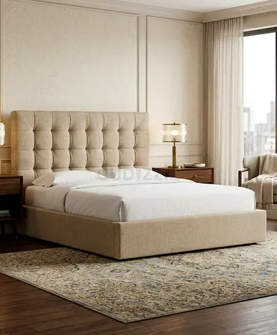 Beige Upholstered King Bed with Padded Headboard