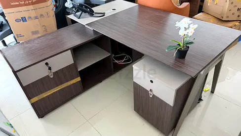 Fancy fashionable office desk with wheeled cupboard, drawers, dark wood finish