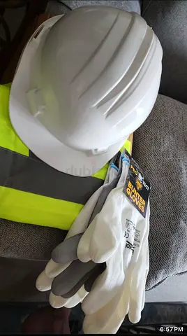 Safety Gear Set with White Hard Hat, High-Vis Vest, and Protective Gloves