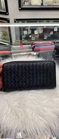 Genuine black woven leather long wallet - zip around card holder